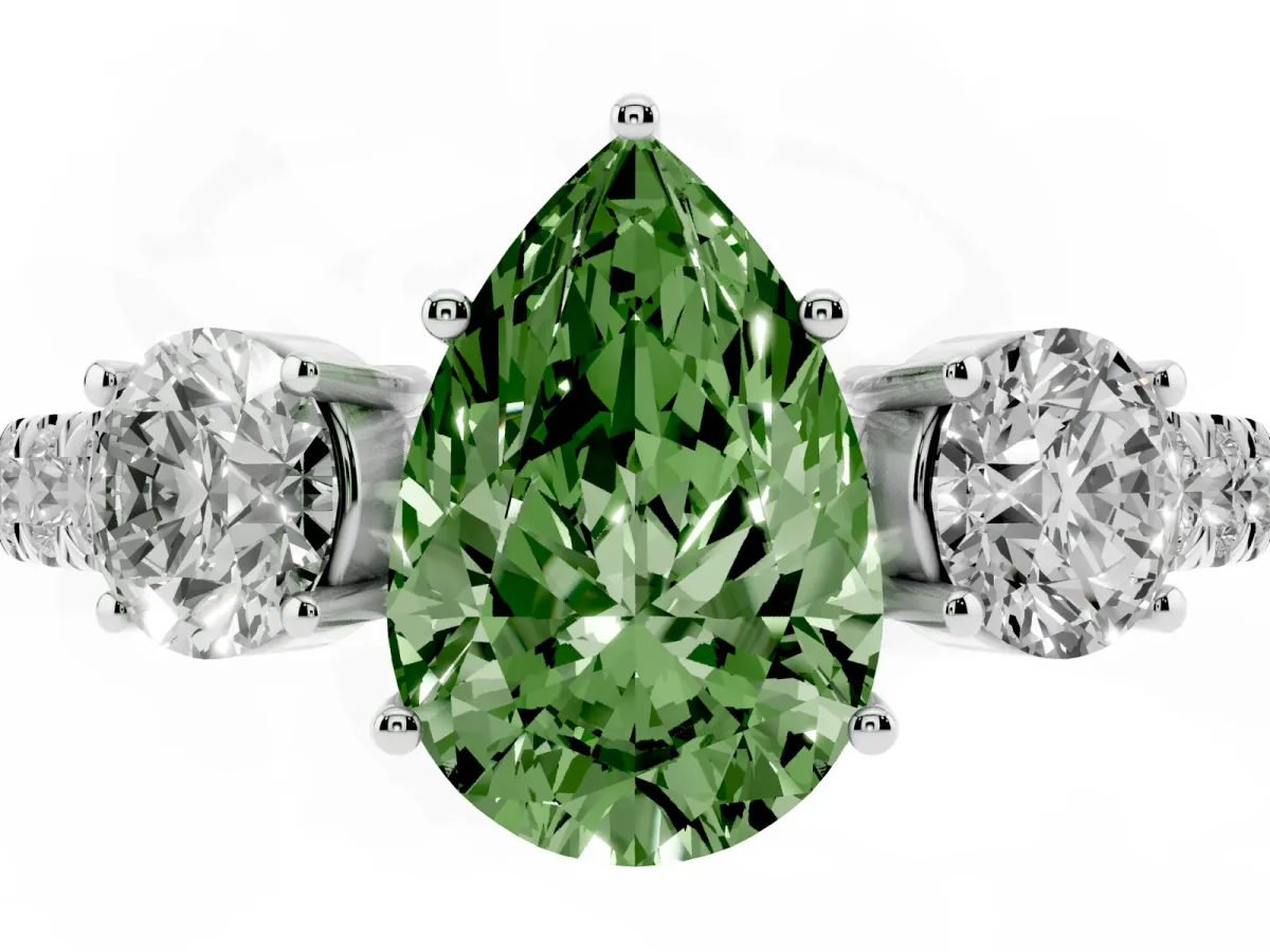 Fancy Green Pear Cut Cut Diamond Three-Stone Ring with Round Side Stones and Pavé Band Platinum