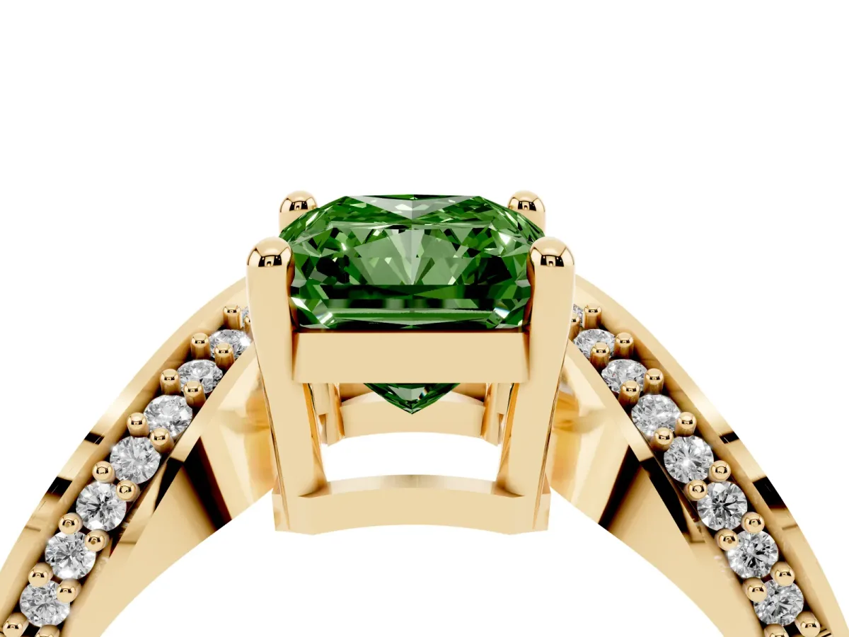 Fancy Green Radiant Cut Solitaire Diamond Engagement Ring with Pave Band and Four-Prong Setting Yellow gold