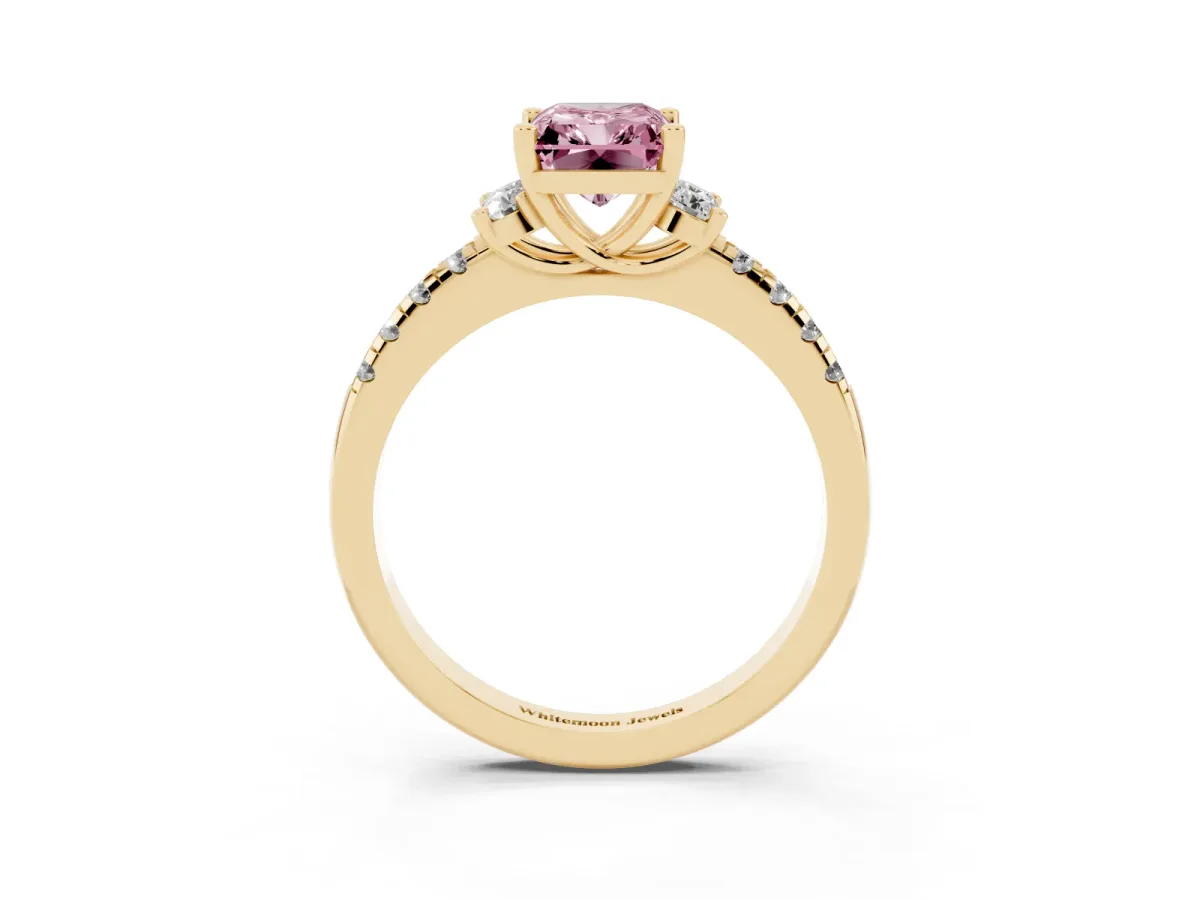 Fancy Pink Radiant Cut Diamond Three-Stone Pave Band with Four-Prong Setting Yellow gold