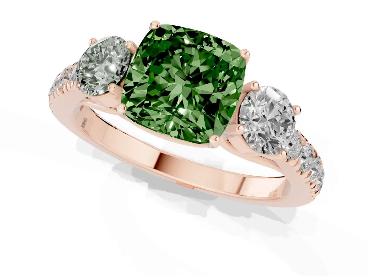 Fancy Green Cushion Cut Cut Diamond Three-Stone Ring with Round Side Stones and Pavé Band Rose gold