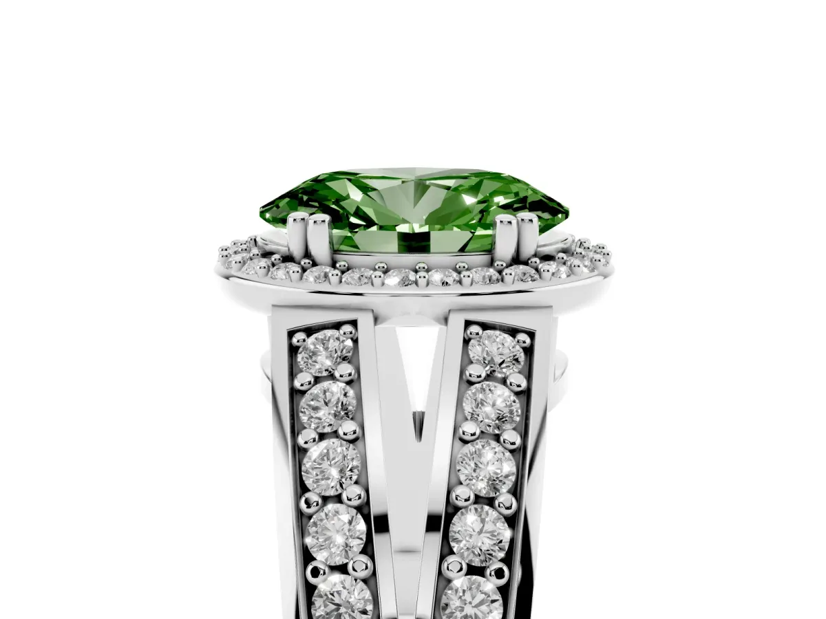 Fancy Green Oval Cut Diamond Halo Ring with Split Shank Pavé Band and Four-Prong Setting Platinum