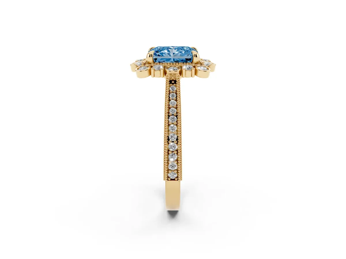 Fancy Blue Radiant Cut Halo Milgrain Pave Diamond Ring with Four-Prong Setting Yellow gold