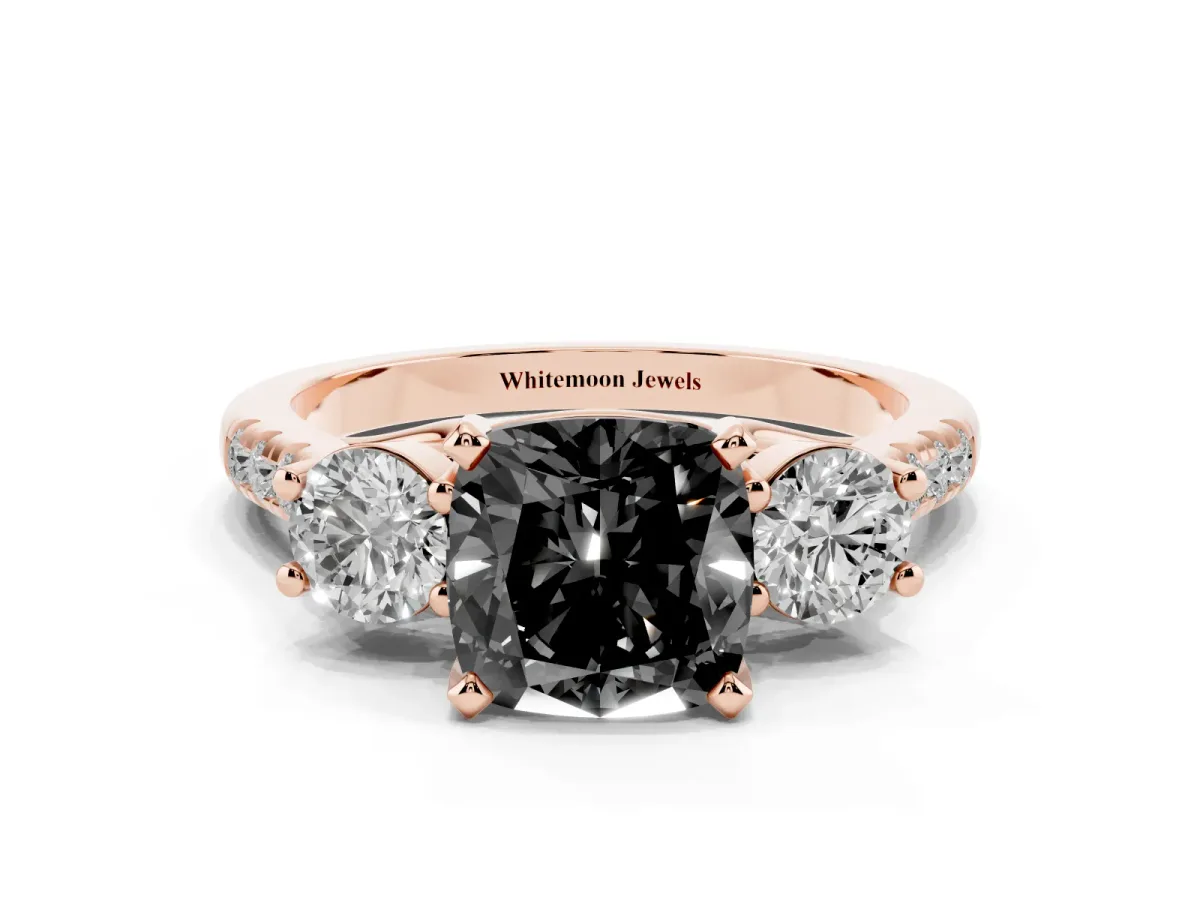 Fancy Black Three-Stone Cushion Cut Diamond Pavé Band with Four-Prong Setting Rose gold