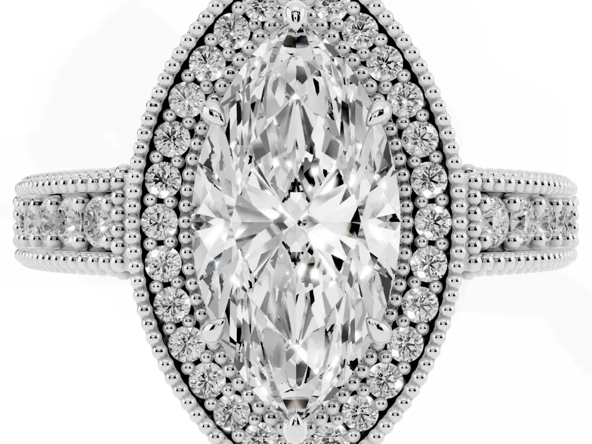 Marquise Cut Cut Halo Diamond Ring with Pavé Band and Four-Prong Setting Platinum
