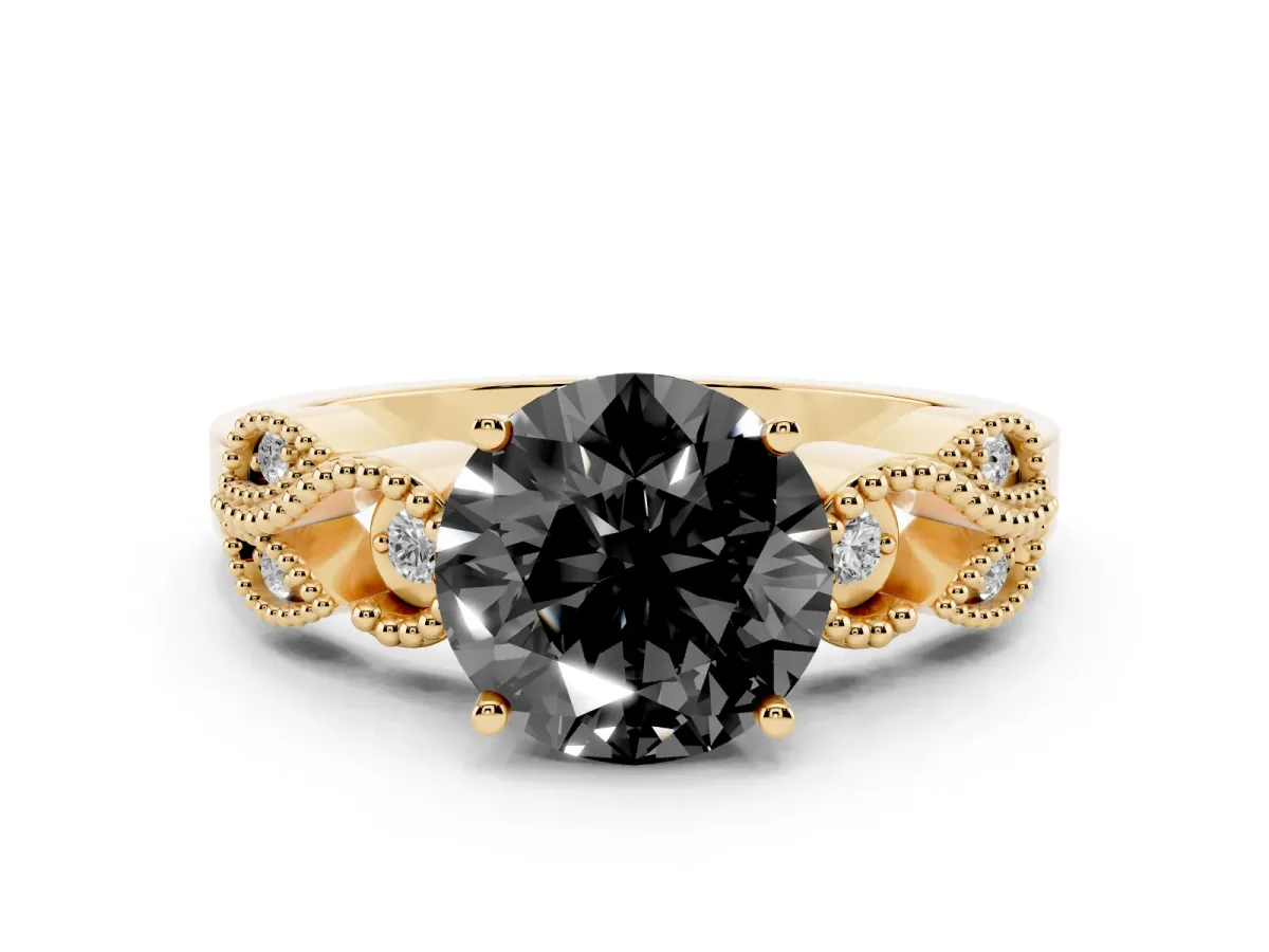 Fancy Black Round Cut Solitaire Milgrain Leaf Band with Prong Setting Yellow gold