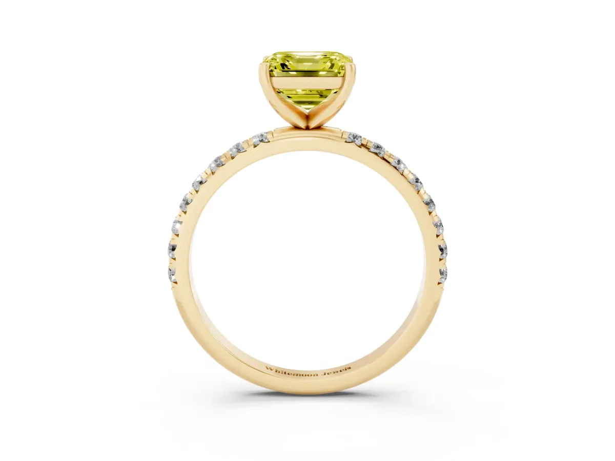 Fancy Yellow Asscher Cut Cut Diamond Solitaire Ring with Micro Pave Band and Four Prong Setting Yellow gold