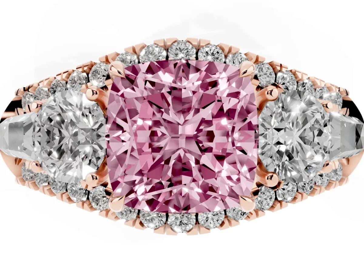 Fancy Pink Three-Stone Cushion Cut Diamond Engagement Ring with Pave Band and Prong Setting Rose gold