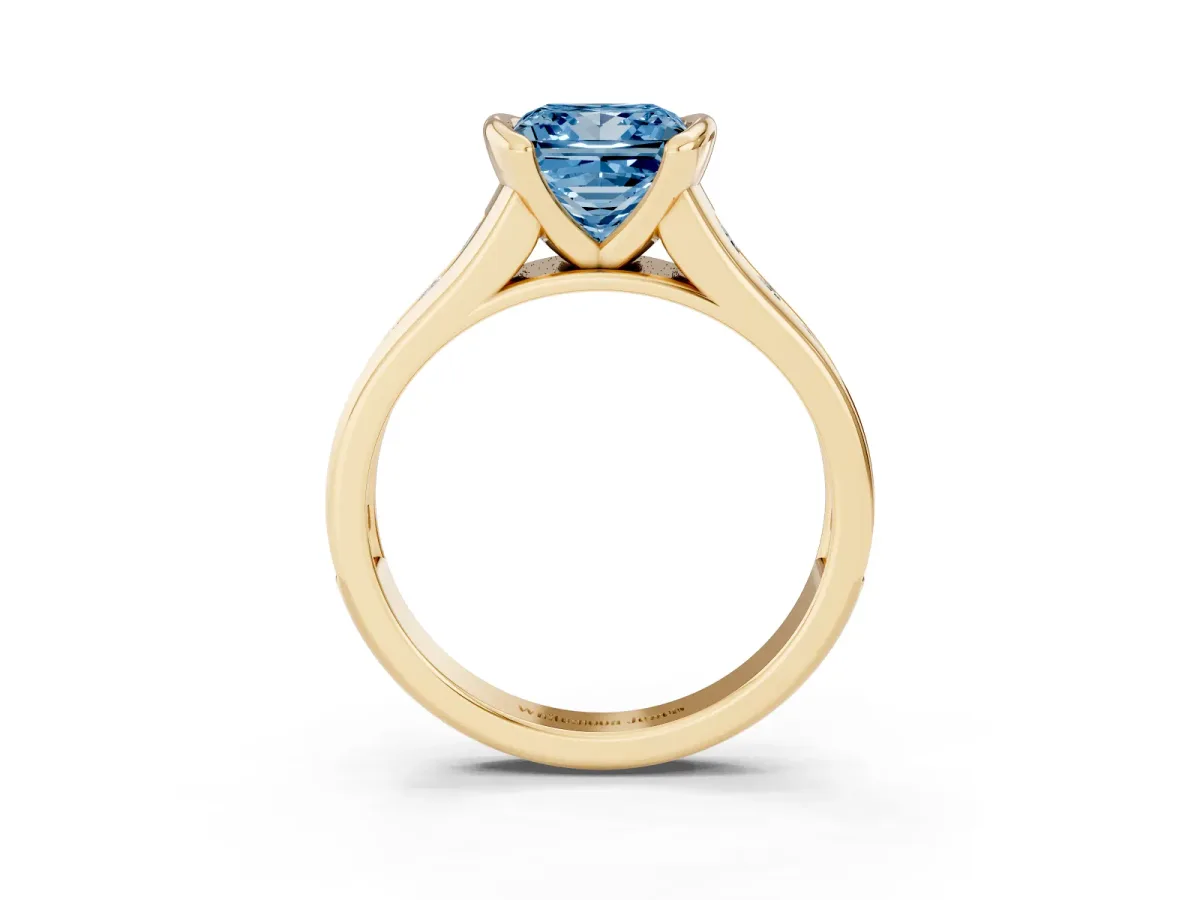 Fancy Blue Princess Cut Solitaire Bezel-Set Diamond Ring with Channel-Set Band Yellow gold