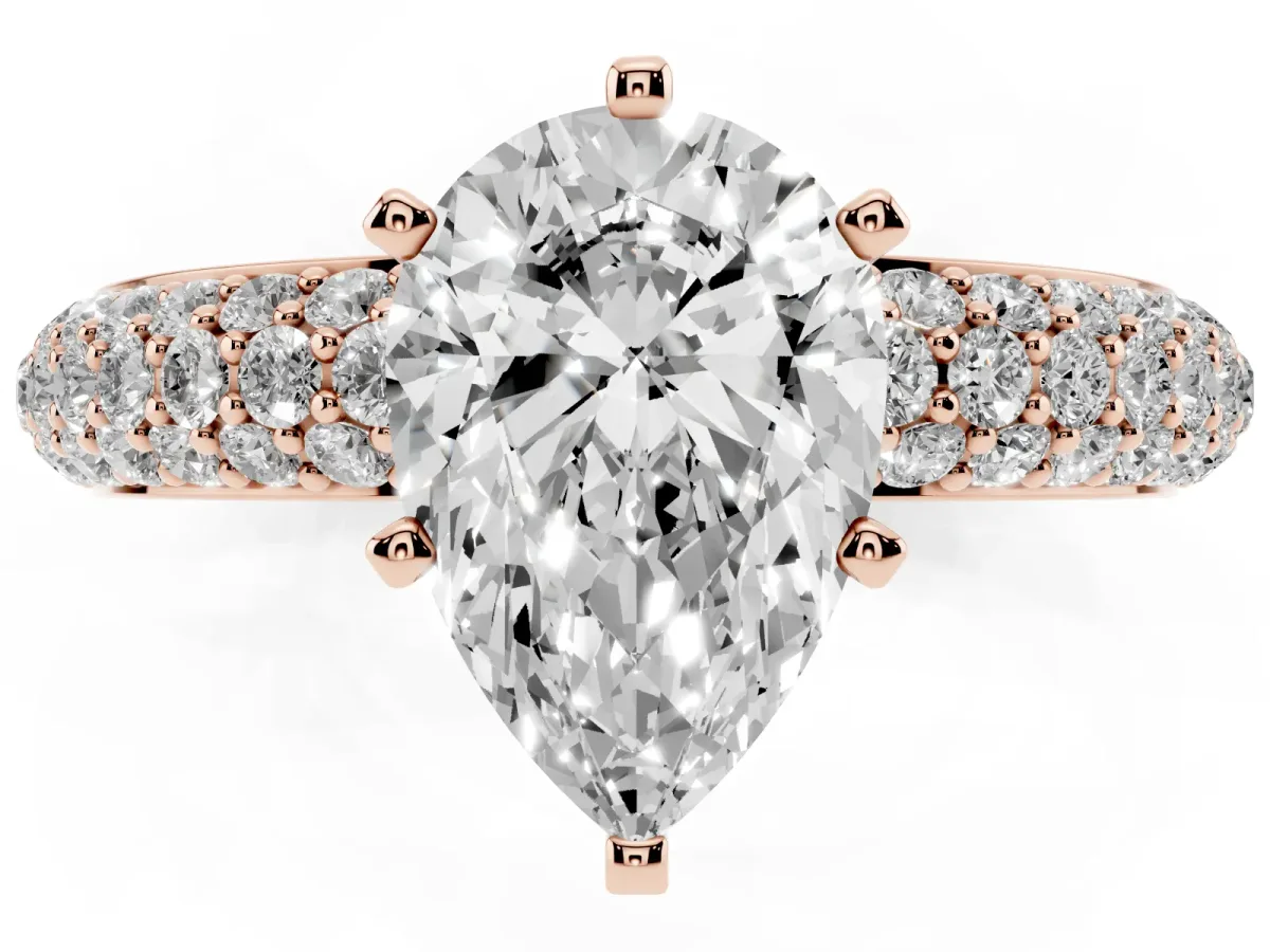 Pear Cut Diamond Solitaire Ring with Prong Setting and Pavé Band Rose gold
