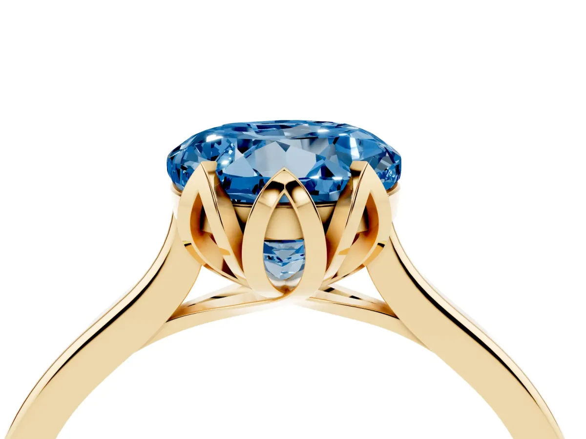 Fancy Blue Round Cut Diamond Solitaire Ring with Flower Prong Setting and Classic Band Yellow gold