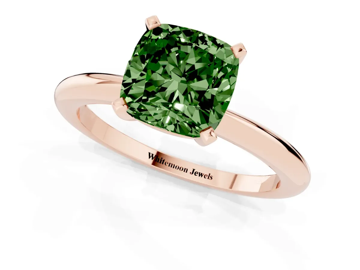 Fancy Green Cushion Cut Diamond Solitaire Ring with Prong Setting and Classic Band Rose gold