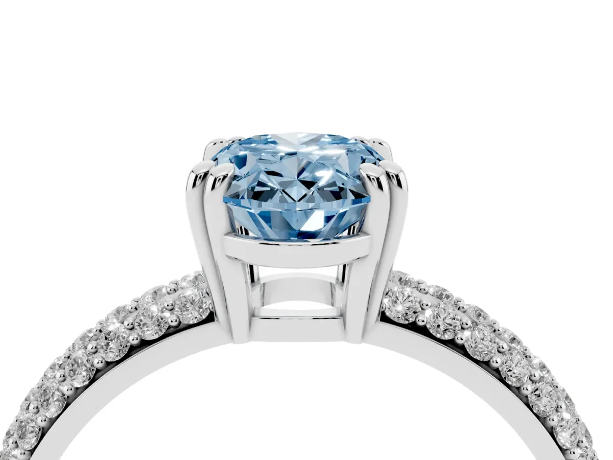 Fancy Blue Oval Cut Diamond Solitaire Ring with Multi-Row Round Pavé Band and Prong Setting Silver