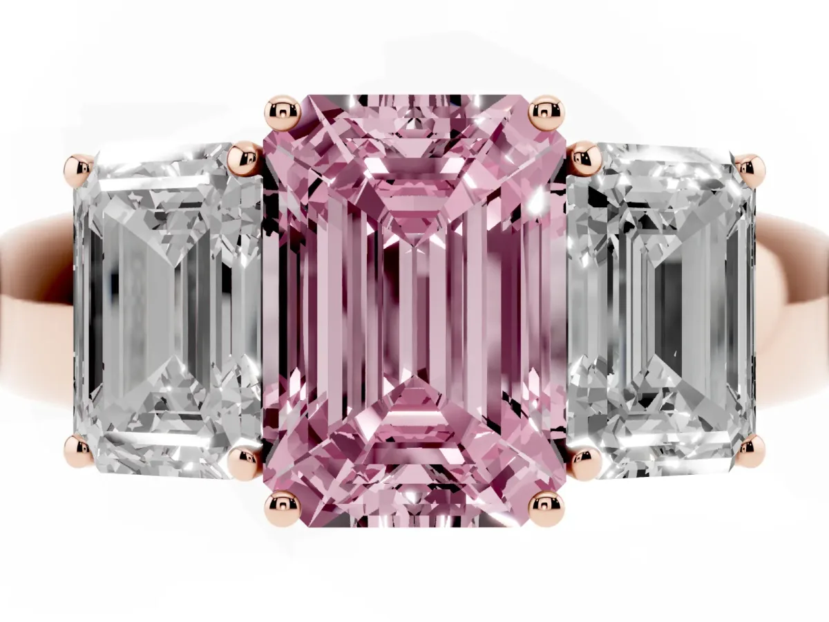 Fancy Pink Three-Stone Emerald Cut Cut Diamond Ring with Prong Setting and Classic Band Rose gold