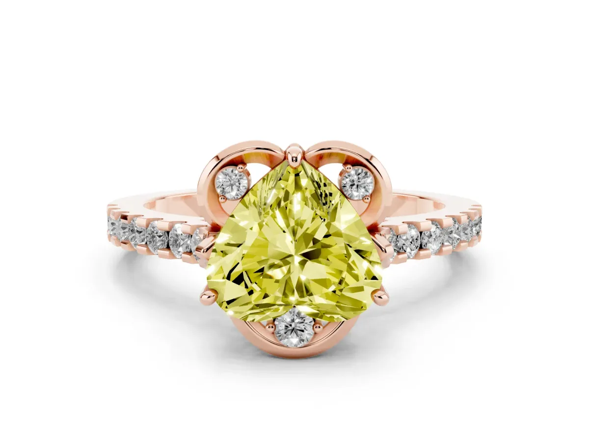 Fancy Yellow Heart Cut Diamond Ring with Pavé Band and Floral Prong Setting Rose gold