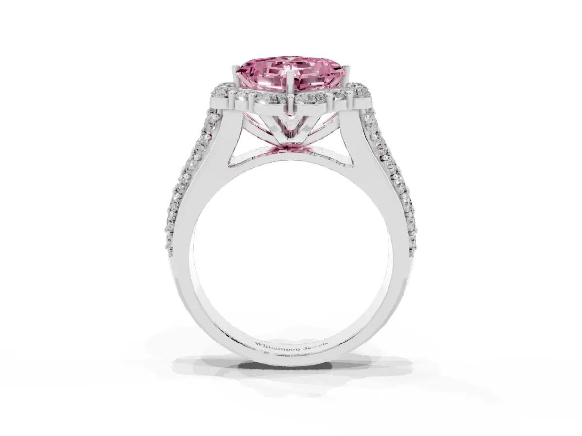 Fancy Pink Asscher Cut Halo Diamond Engagement Ring with Split Shank and Prong Setting Silver