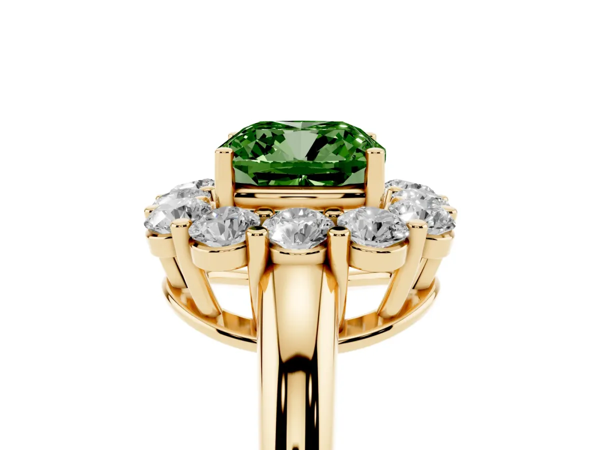 Fancy Green Cushion Cut Halo Cluster Diamond Engagement Ring with Prong Setting and Polished Band Yellow gold