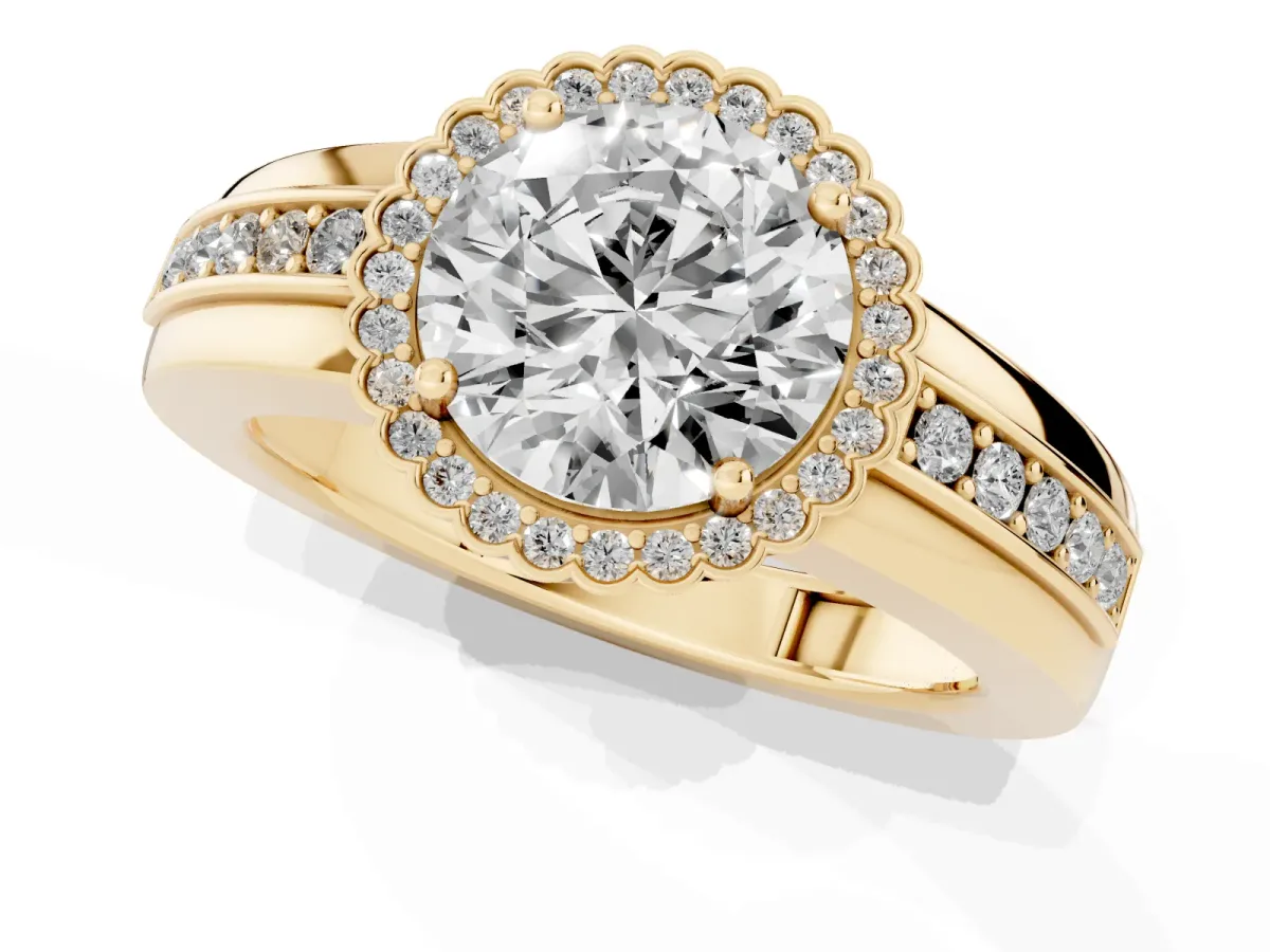 Round Cut Cut Halo Pave Band Four-Prong Ring Yellow gold