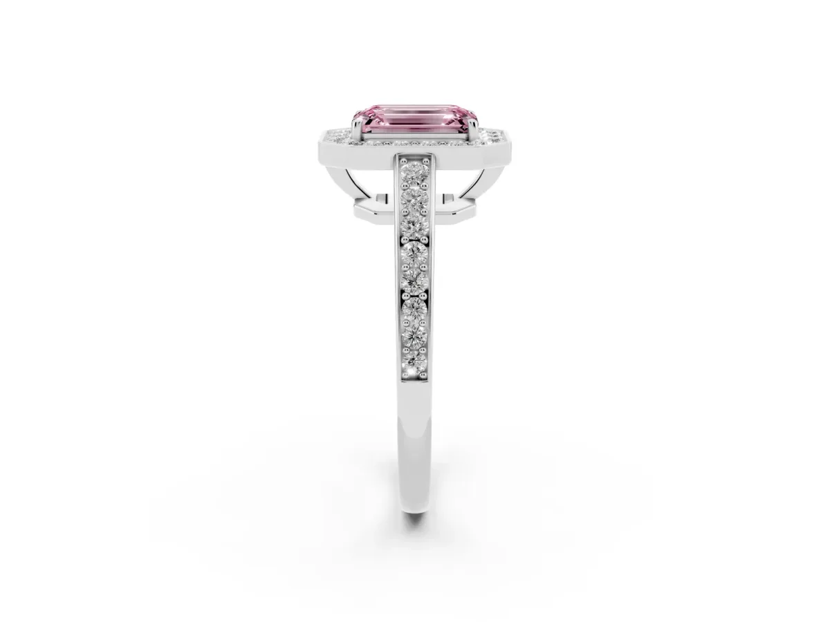 Fancy Pink Emerald Cut Halo Pavé Diamond Engagement Ring with Bezel Setting Silver