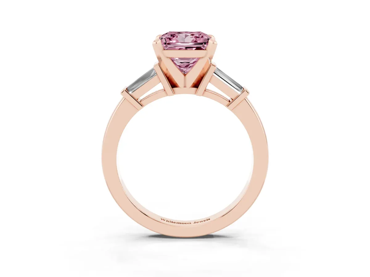 Fancy Pink Princess Cut Cut Diamond Solitaire Ring with Tapered Baguette Accents and Four-Prong Setting Rose gold