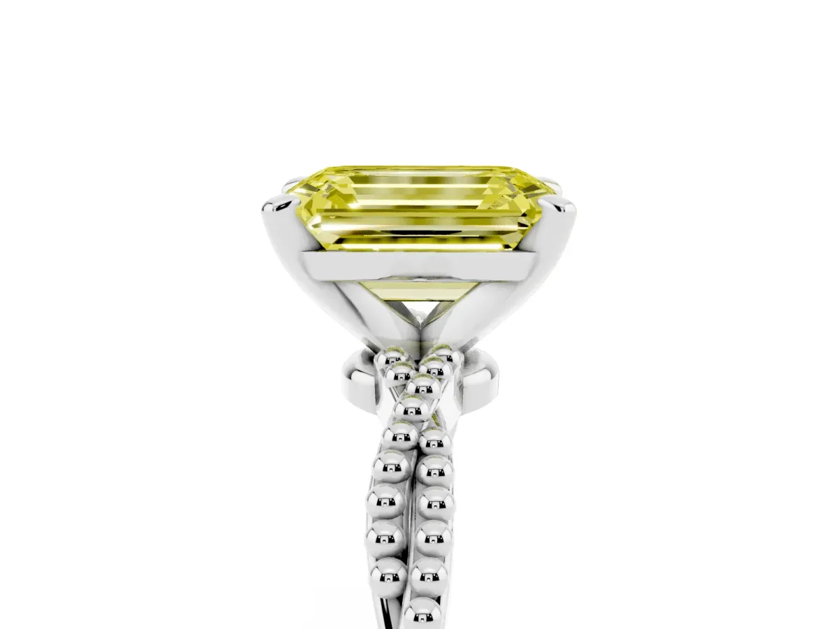 Fancy Yellow Emerald Cut Solitaire Twisted Band with Bead Prong Setting Silver
