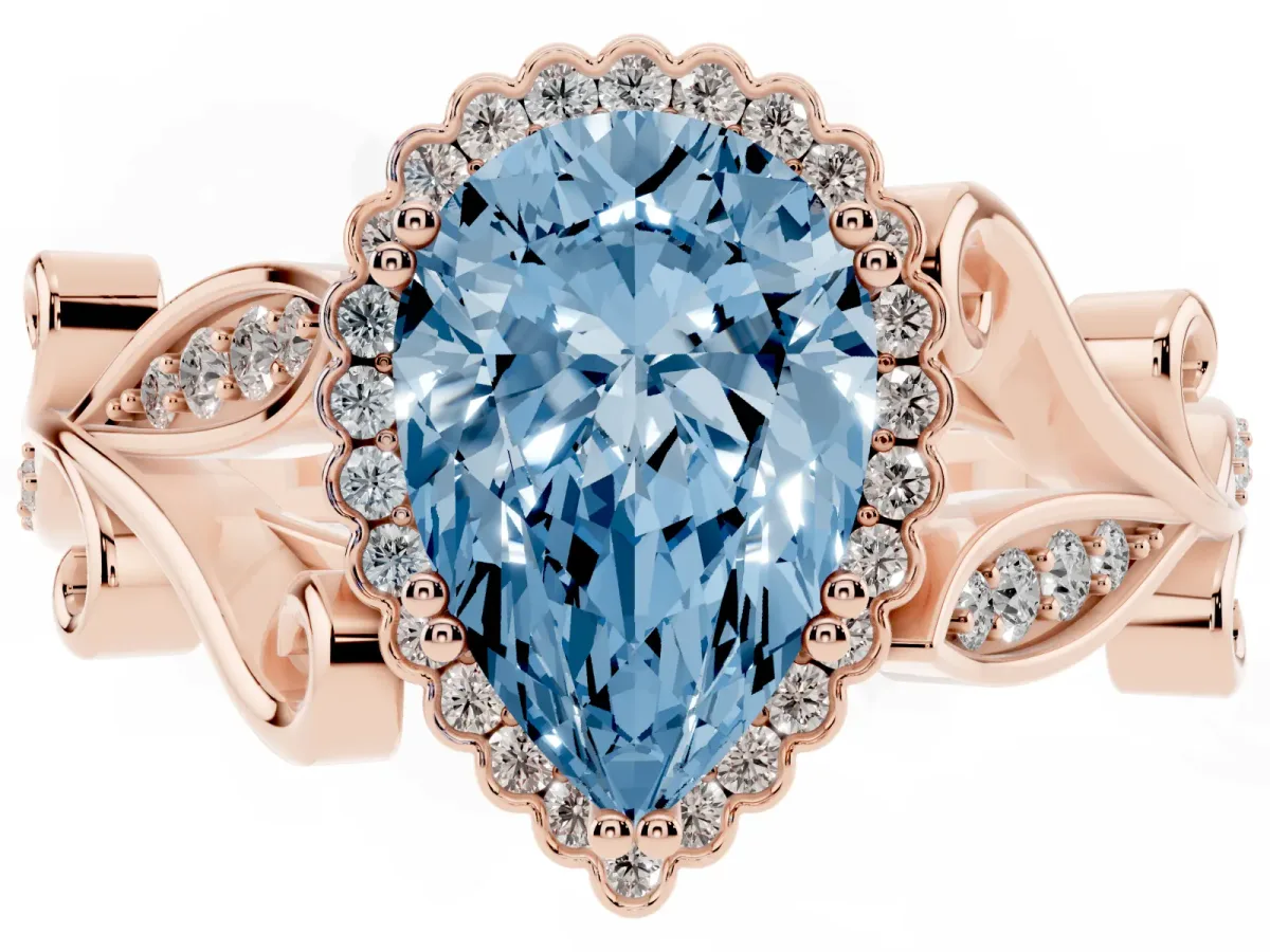 Fancy Blue Pear Cut Diamond Halo Ring with Vintage Split Shank and Four-Prong Setting Rose gold
