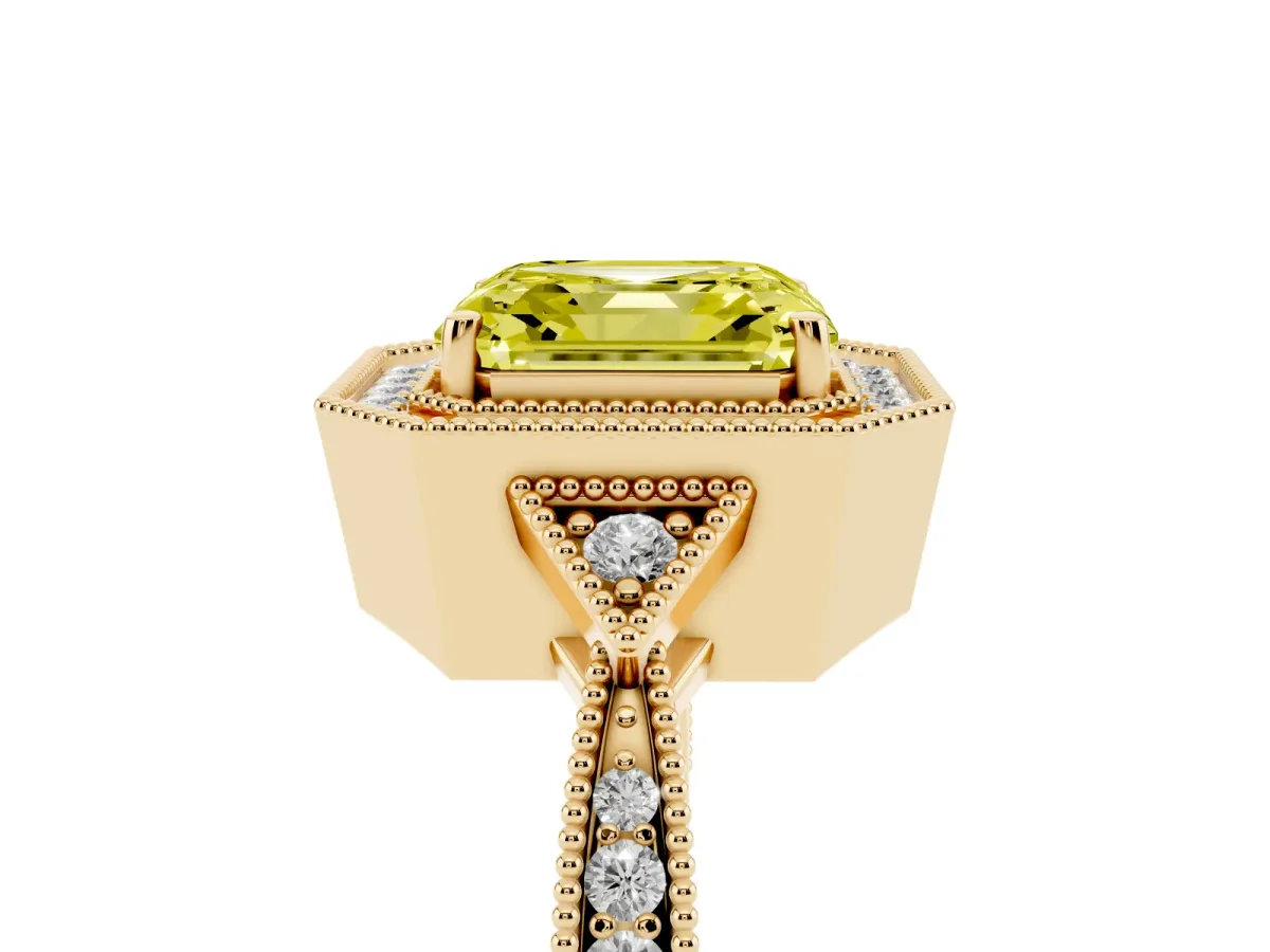 Fancy Yellow Asscher Cut Halo Round Diamond Milgrain Pave Engagement Ring Yellow gold