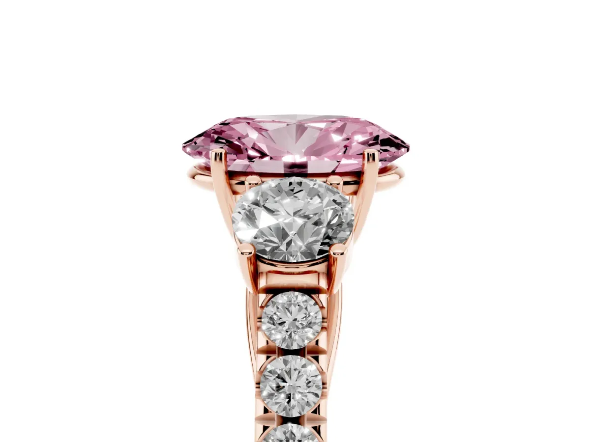 Fancy Pink Oval Cut Cut Diamond Three-Stone Ring with Round Side Stones and Pavé Band Rose gold