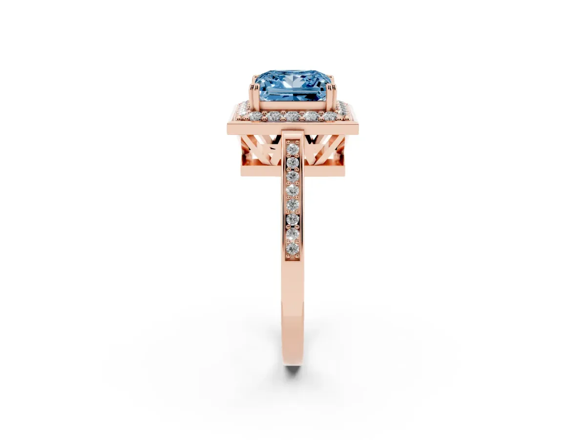 Fancy Blue Princess Cut Diamond Halo Ring with Split Shank and Four-Prong Setting Rose gold