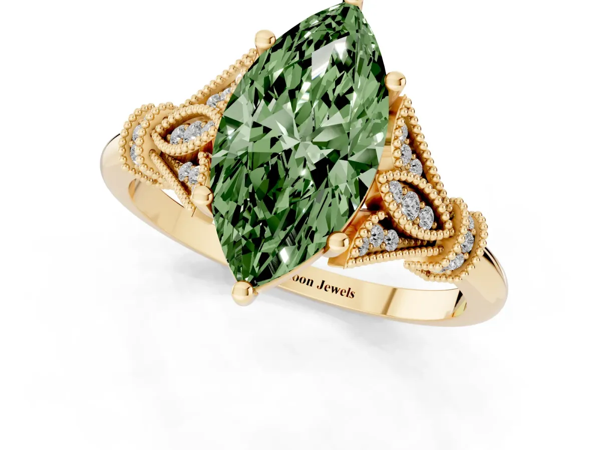 Fancy Green Marquise Cut Diamond Solitaire Ring with Floral Filigree and Pave Accents Yellow gold