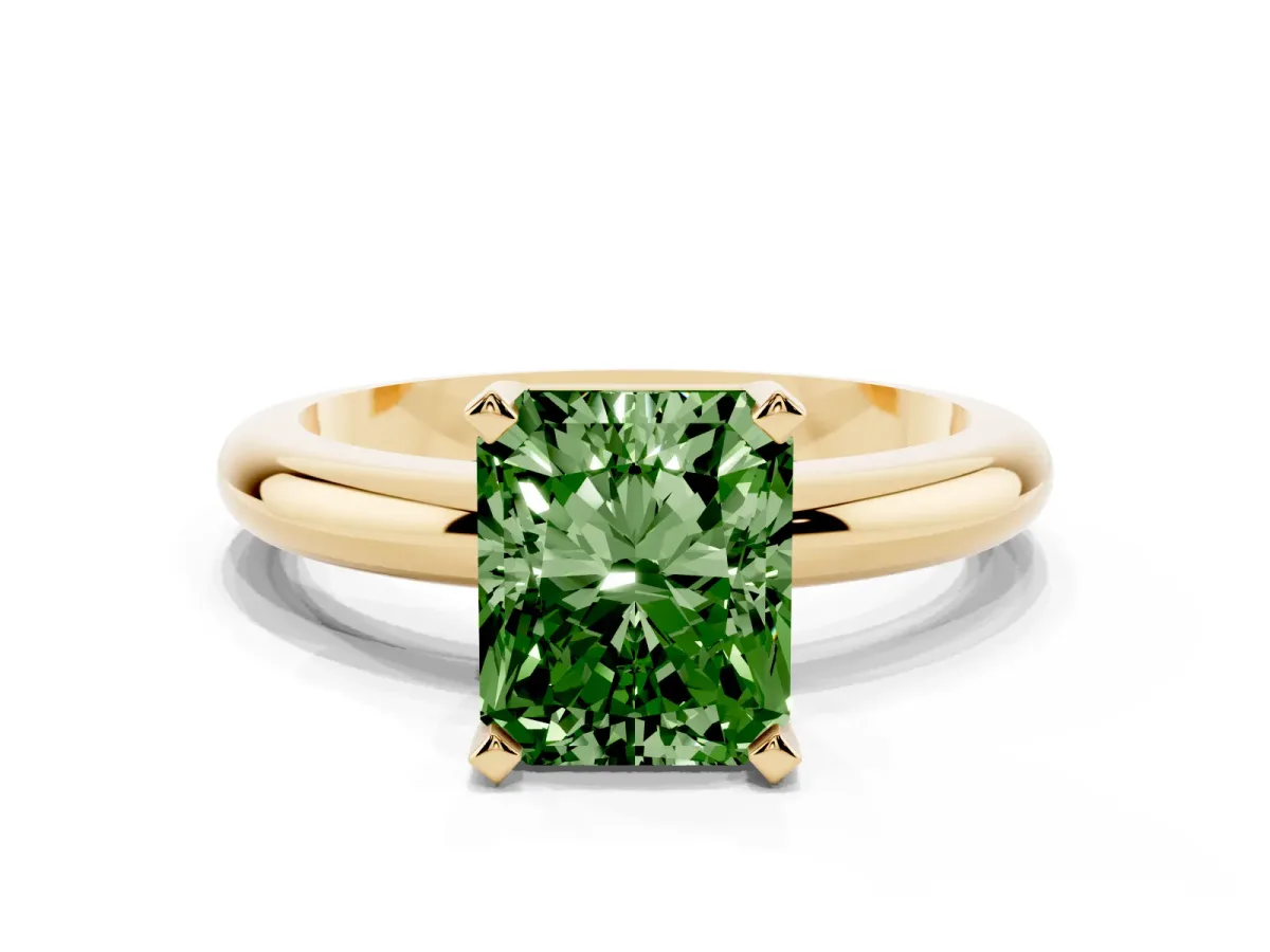 Fancy Green Radiant Cut Diamond Solitaire Engagement Ring with Round Band and Four-Prong Setting Yellow gold