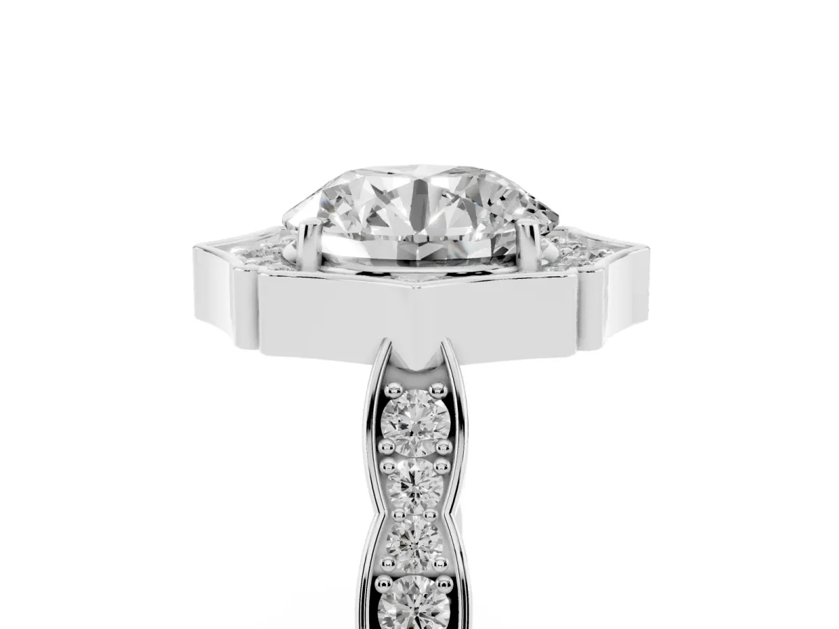 Round Cut Halo Diamond Engagement Ring with Milgrain Band and Four-Prong Setting Silver