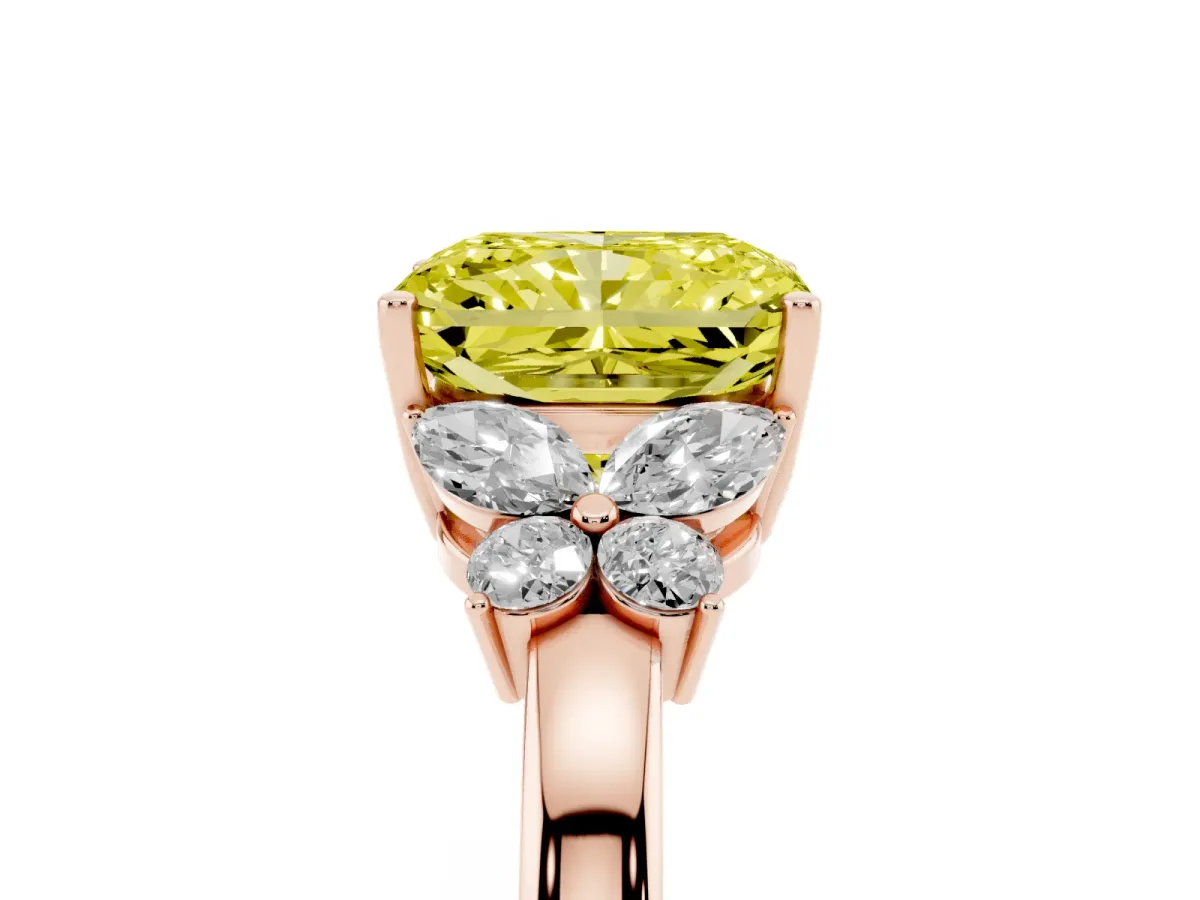 Fancy Yellow Radiant Cut Cut Solitaire Floral Diamond Ring with Four-Prong Setting Rose gold