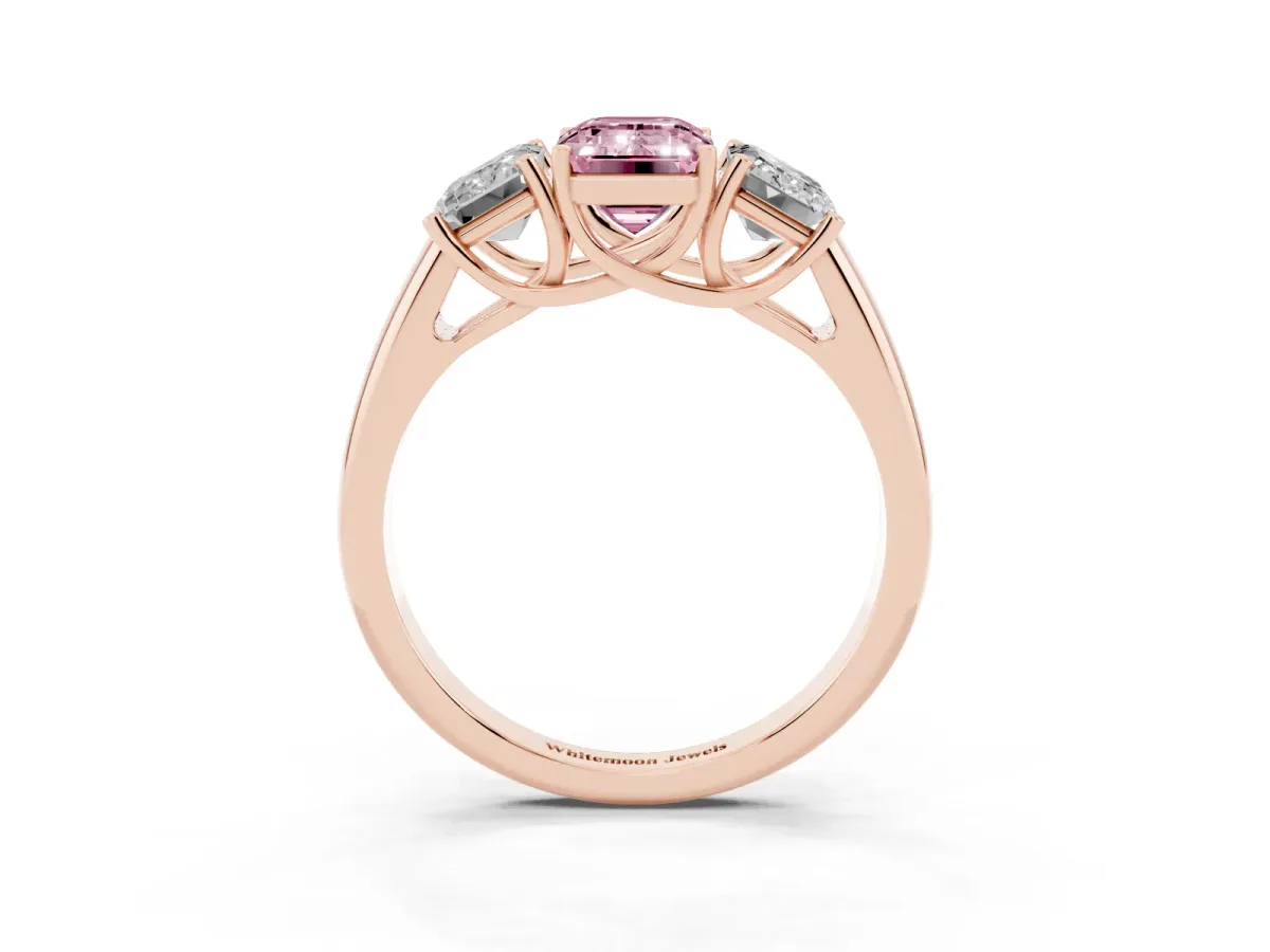 Fancy Pink Three-Stone Emerald Cut Diamond Engagement Ring with Prong Setting Rose gold