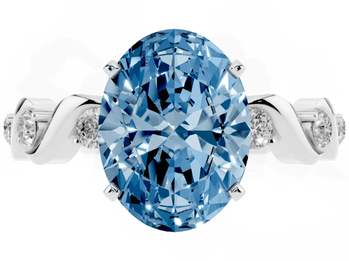 Fancy Blue Oval Cut Diamond Solitaire Twisted Band with Round Accents and Prong Setting Platinum