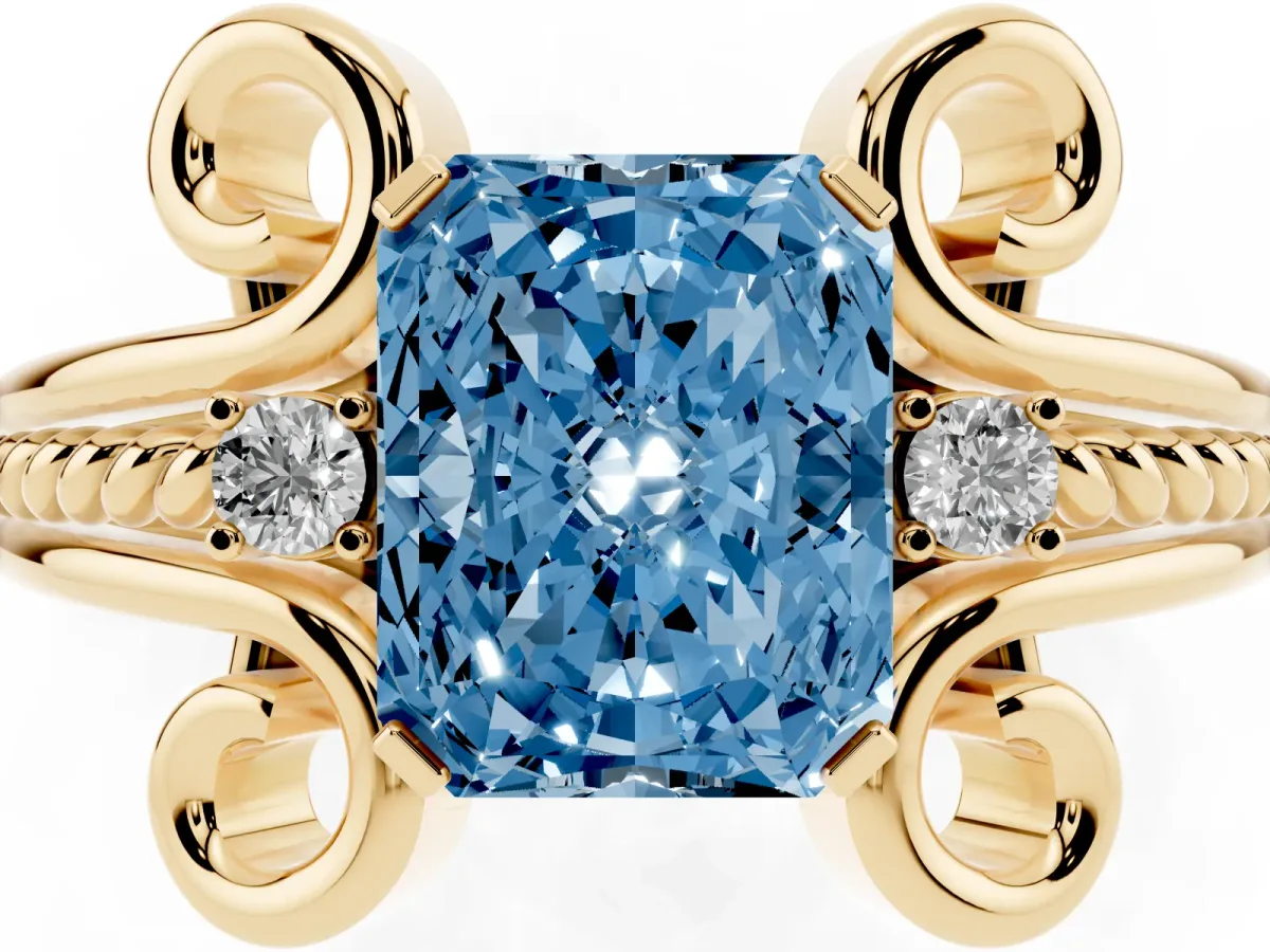 Fancy Blue Radiant Cut Solitaire Twisted Band Scroll Prong Ring Yellow gold