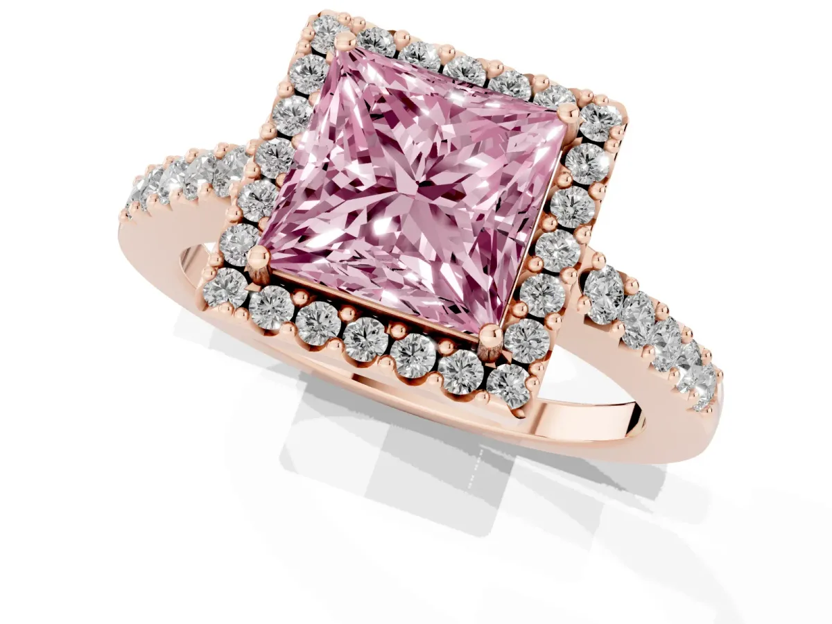 Fancy Pink Princess Cut Halo Diamond Pavé Solitaire Ring Rose gold