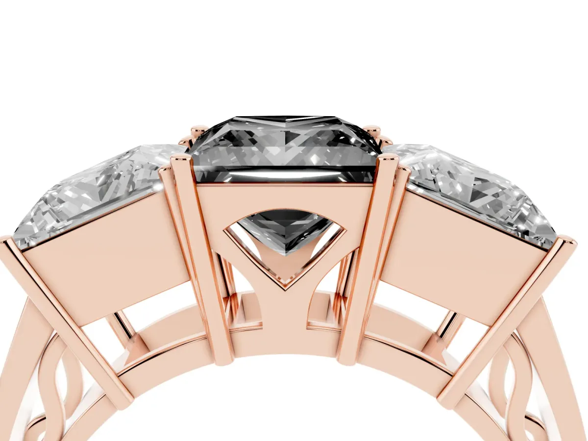 Fancy Black Princess Cut Diamond Three-Stone Ring with Prong Setting and Textured Band Rose gold