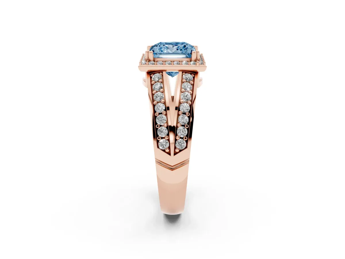 Fancy Blue Princess Cut Diamond Halo Ring with Split Shank Pavé Band and Four-Prong Setting Rose gold