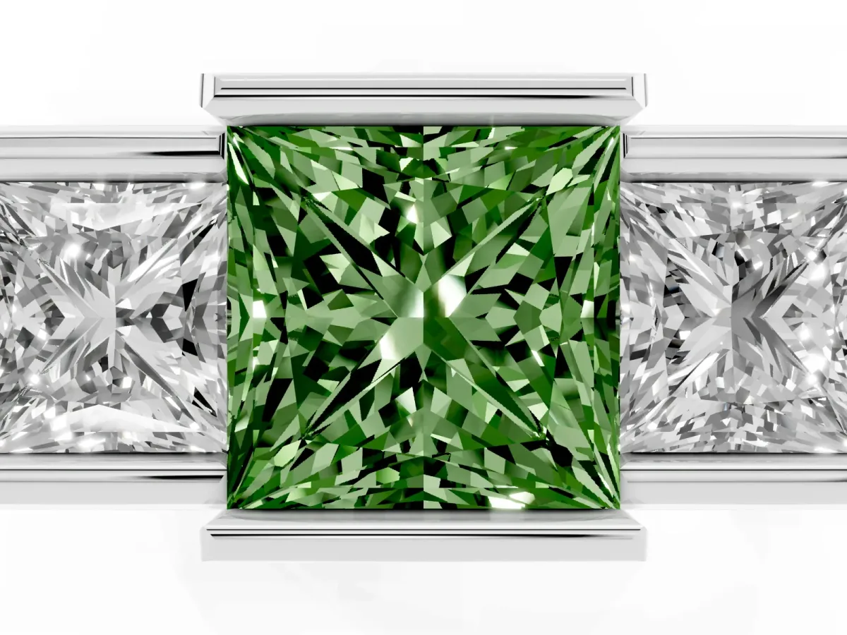 Fancy Green Three Stone Princess Cut Cut Channel Set Diamond Ring Silver