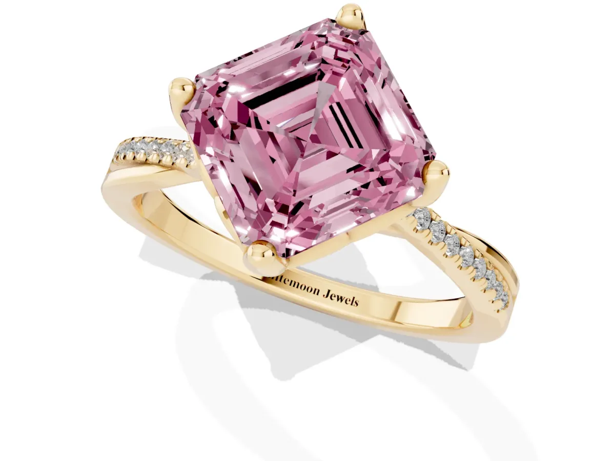 Fancy Pink Asscher Cut Solitaire Twist Band with Pavé Diamonds and Four-Prong Setting Yellow gold