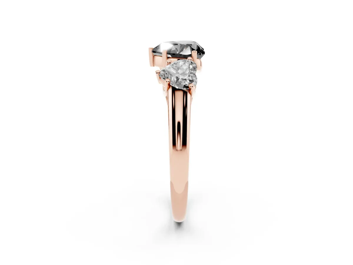 Fancy Black Three-Stone Heart Cut Diamond Engagement Ring with Prong Setting Rose gold