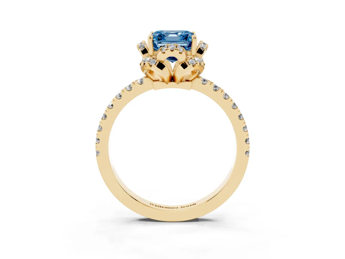 Fancy Blue Asscher Cut Diamond Halo Pave Band with Four-Prong Setting Yellow gold