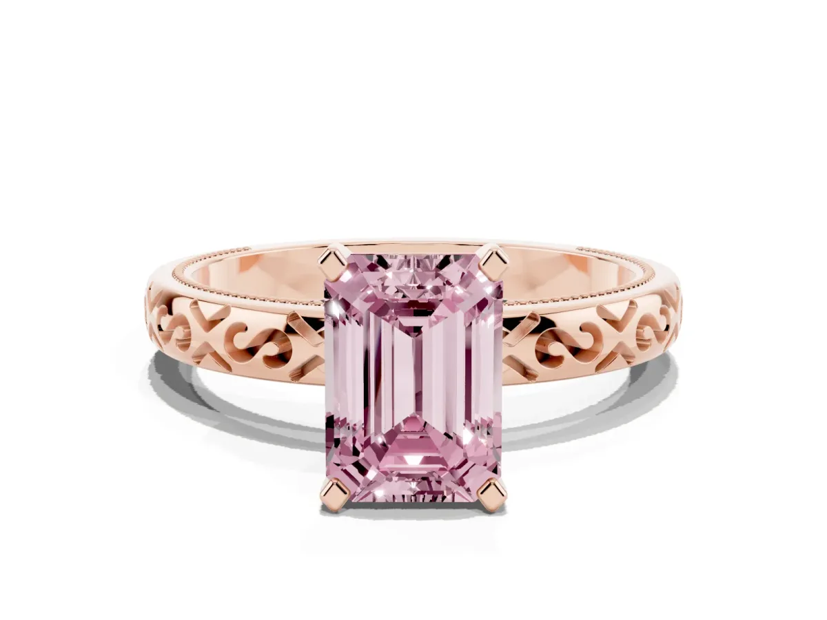 Fancy Pink Emerald Cut Solitaire Engagement Ring with Scrollwork Band and Four-Prong Setting Rose gold
