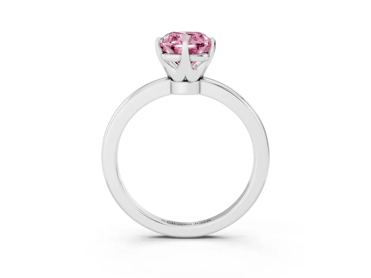 Fancy Pink Cushion Cut Solitaire Diamond Ring with Six-Prong Setting on a Classic Band Silver