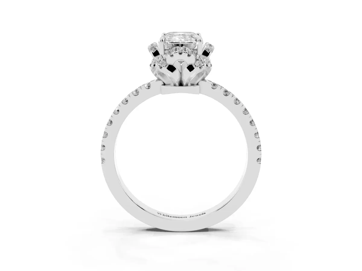 Emerald Cut Diamond Halo Pave Band with Four-Prong Setting Silver