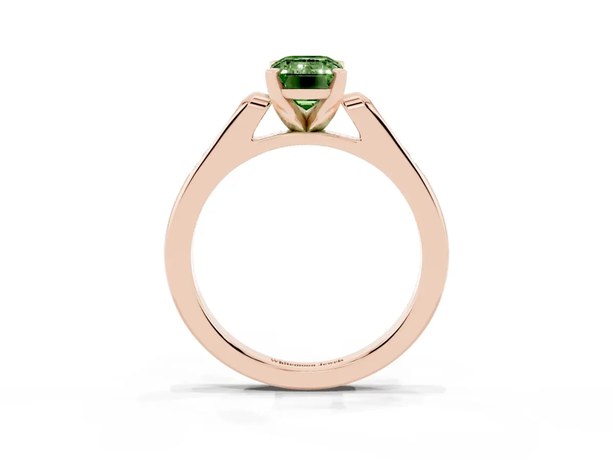 Fancy Green Emerald Cut Diamond Solitaire Ring with Channel Set Round Band and Prong Setting Rose gold