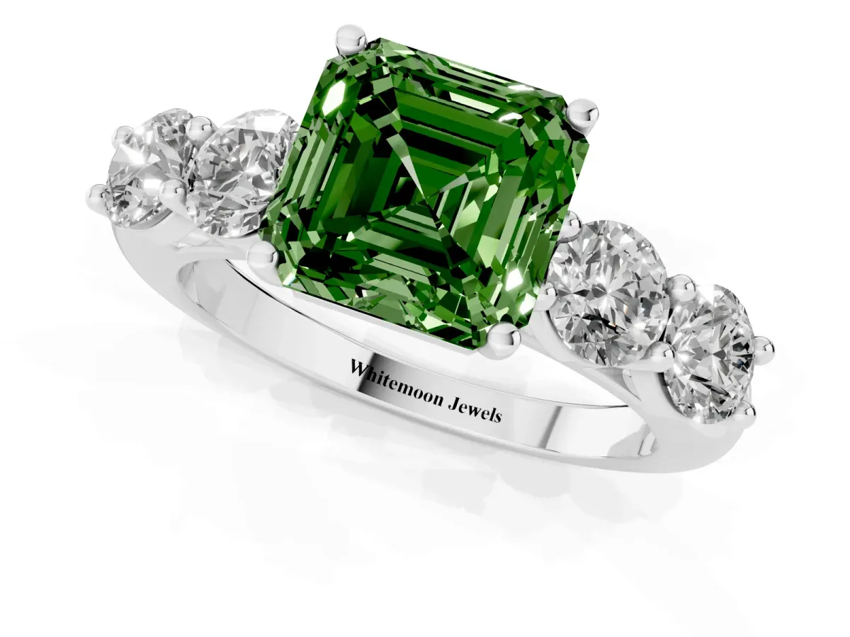 Fancy Green Asscher Cut Cut Five-Stone Prong Set Diamond Ring with Classic Band White gold