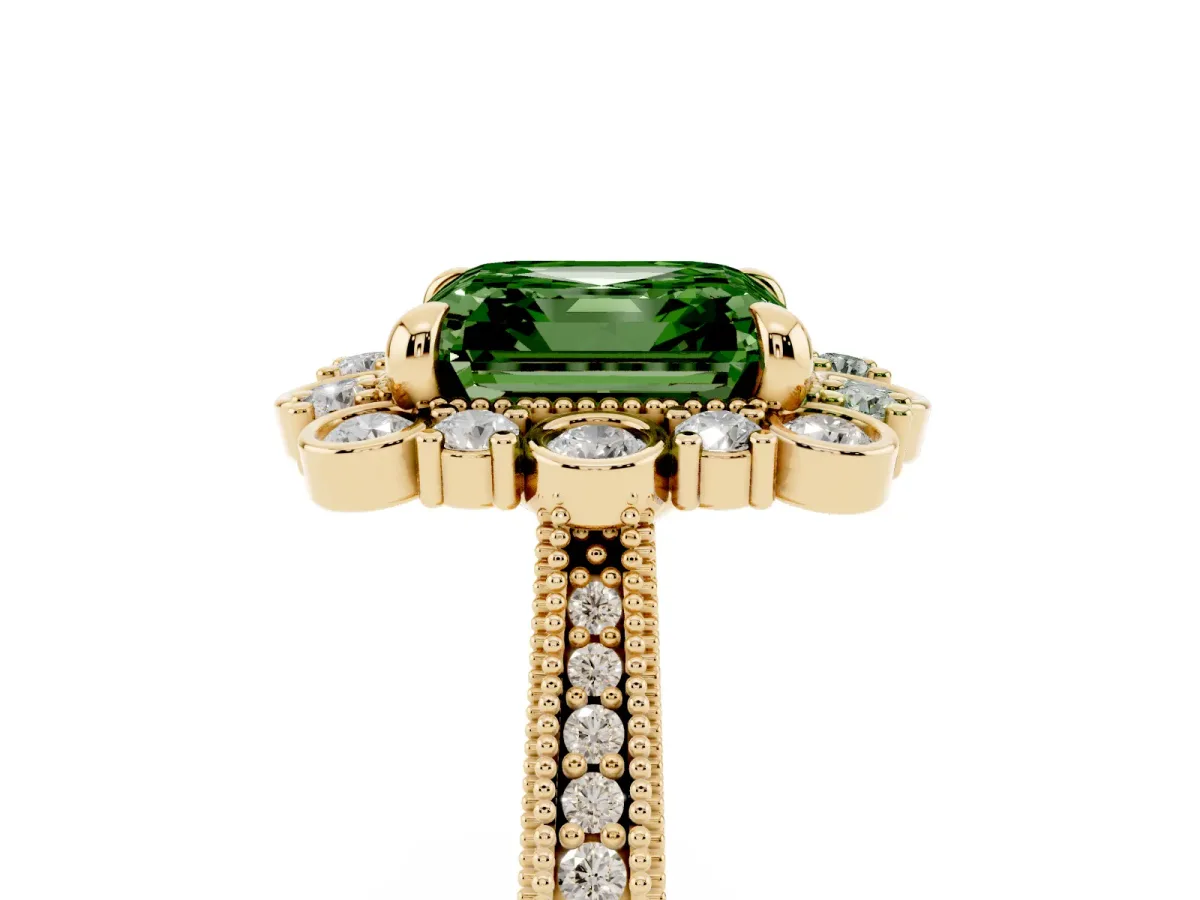 Fancy Green Asscher Cut Halo Milgrain Pave Diamond Ring with Four-Prong Setting Yellow gold