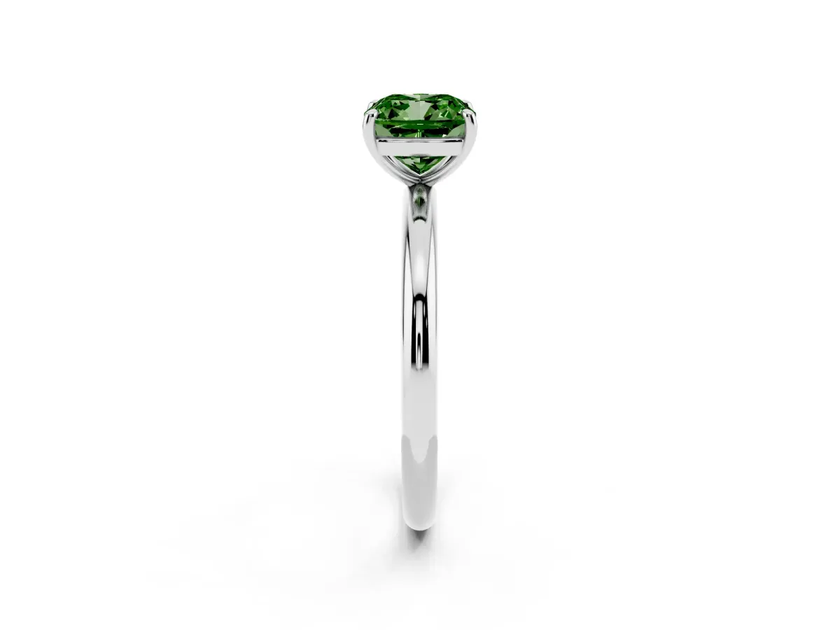 Fancy Green Cushion Cut Solitaire Diamond Ring with Four-Prong Setting on a Plain Band Platinum