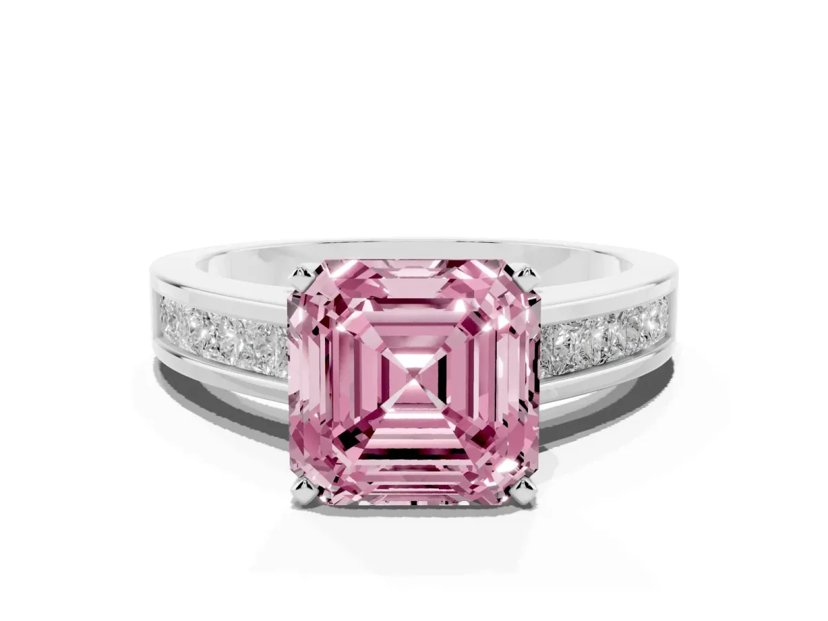 Fancy Pink Asscher Cut Solitaire Diamond Ring with Channel-Set Band and Four-Prong Setting Platinum